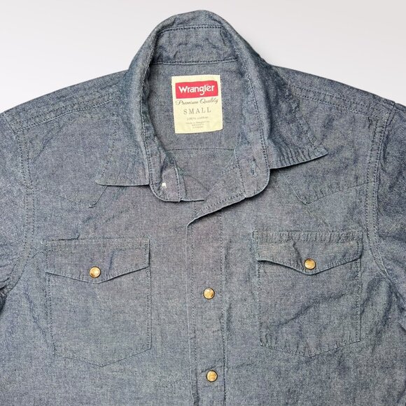Wrangler Chambray Button Up Shirt Blue Western Style Long Sleeve Small - Picture 2 of 7